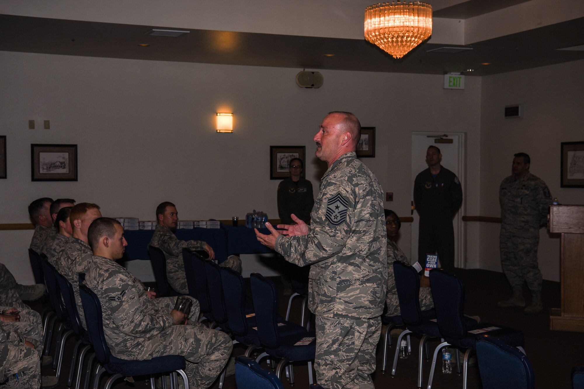 Chief Master Sgt. Kristian Farve, 90th Missile Wing command chief, speaks to the crowd during the Air Force Assistance Fund kickoff event at F.E. Warren Air Force Base, Wyo., March 30, 2018. This year’s AFAF goal is to raise $47,140. AFAF helps Airmen with financial aid in instances such as, emergency situations, securing a retirement home for widows or widowers of Air Force members and more. (U.S. Air Force photo by Airman 1st Class Braydon Williams)