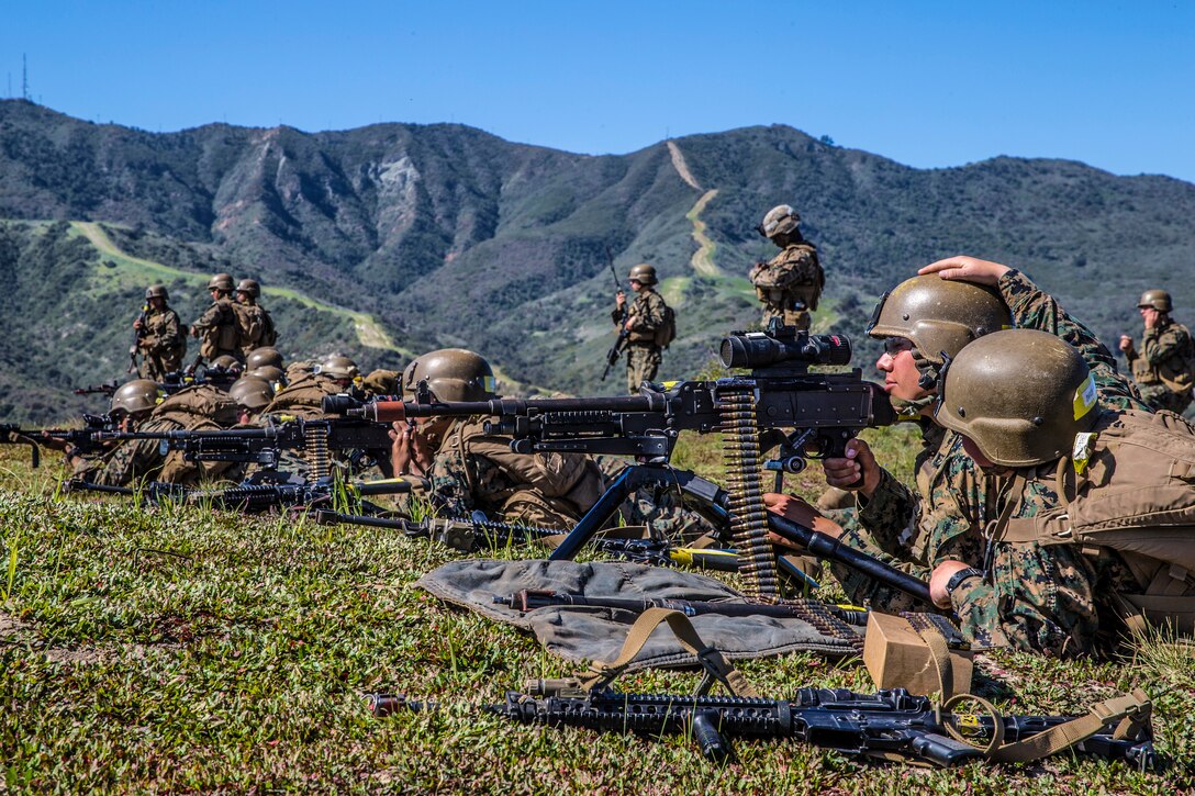 Marines lie prone in the grass and point rifles.