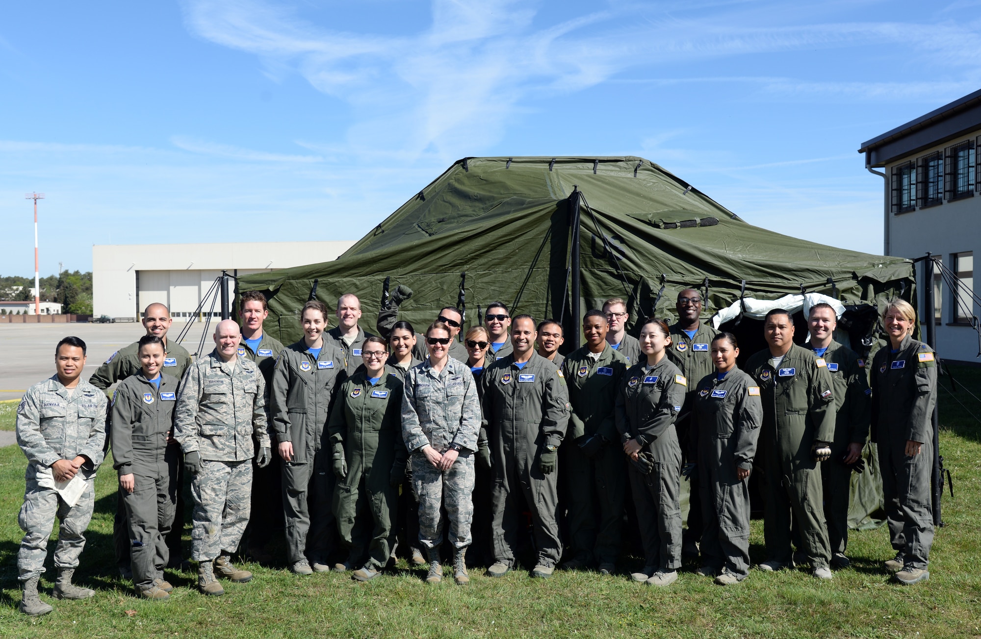 Airmen with the 86th Aeromedical Evacuation Squadron perform a readiness training exercise as part of a unit type code training on Ramstein Air Base, Germany, April 27, 2018.