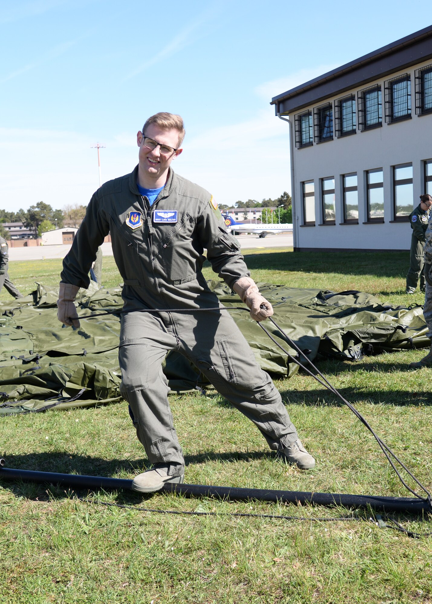 Airmen with the 86th Aeromedical Evacuation Squadron perform a readiness training exercise as part of a unit type code training on Ramstein Air Base, Germany, April 27, 2018.