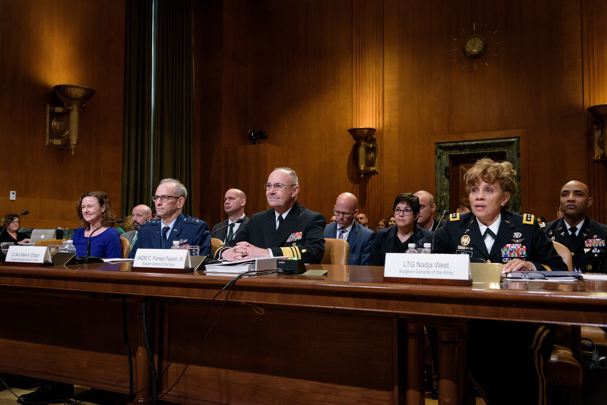 U.S. Army Surgeon General Lt. Gen. Nadja West, U.S. Navy Surgeon General Vice Adm. Forrest Faison, U.S. Air Force Surgeon General Lt. Gen. Mark Ediger, and Program Executive Officer, Defense Healthcare Management Systems, Ms. Stacey Cummings, testify before a hearing of the Senate Appropriations Subcommittee on Defense, April 26, 2018. (Courtesy photo)