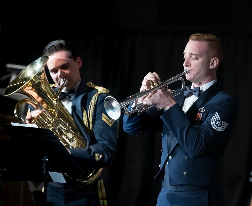 A highlight of the concert was the featured soloists from both the Central Band and The U.S. Air Force. Technical Sgt. Forrest Sonntag, trumpet, and Corporal Lewis Musson, euphonium, took the stage together for a performance of Tom Davoren’s “Ascension.”