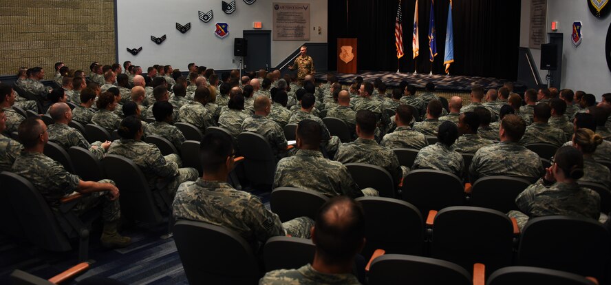 U.S. Army Command Sgt. Maj. John Wayne Troxell, Senior Advisor to the Chairman of the Joint Chiefs of Staff, briefs during all-call.