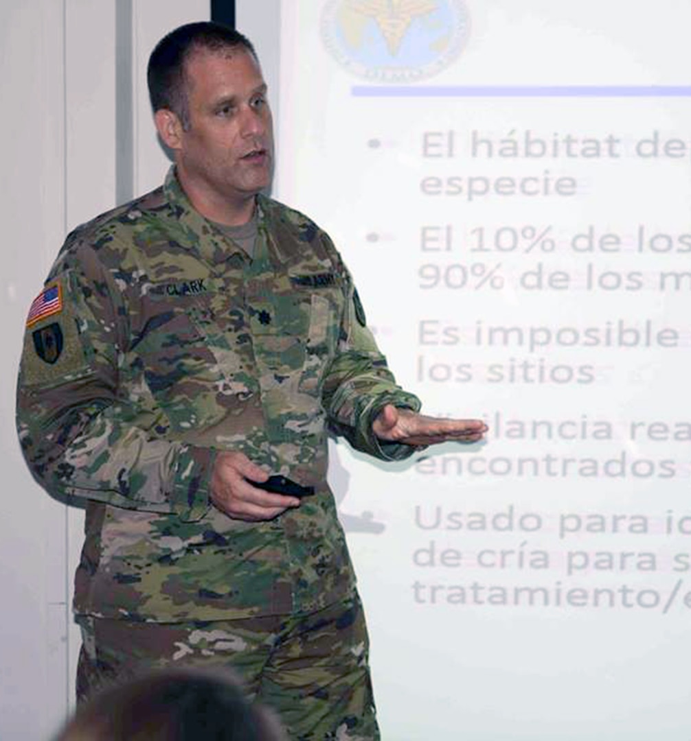 U.S. Army Lt. Col. Jeffrey Clark, U.S. Army Public Health Center, gives a class on mosquito surveillance techniques during a vector control practices seminar in Santiago, Chile, April 17.