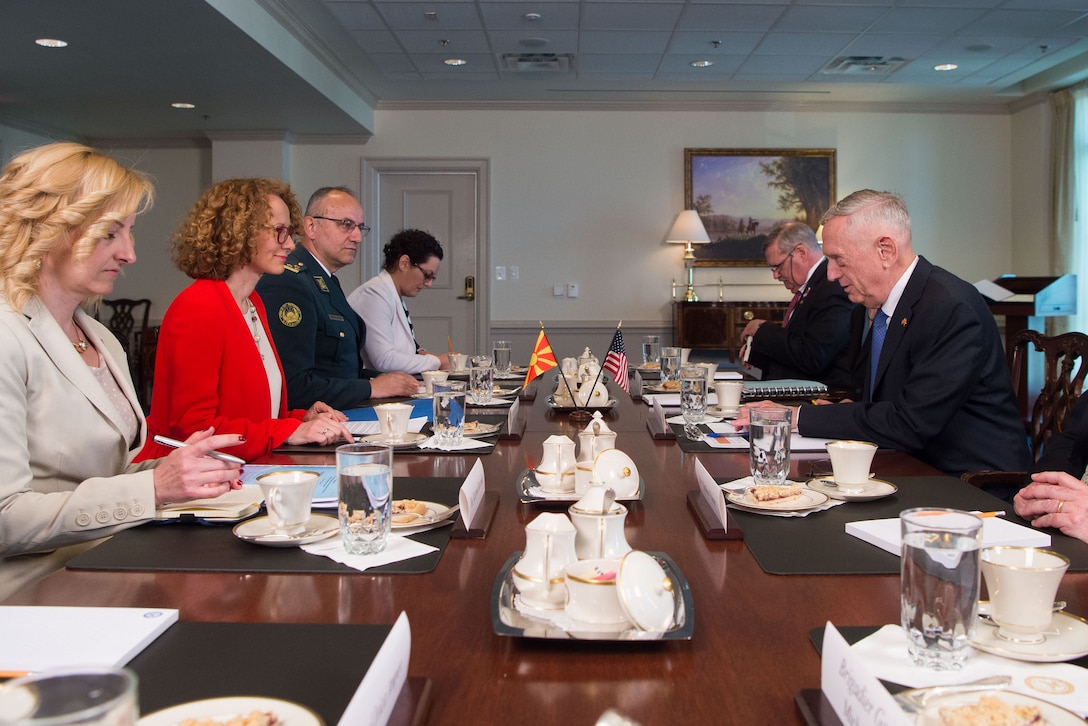 Defense Secretary James N. Mattis meets with Macedonian Defense Minister Radmila Shekerinska.