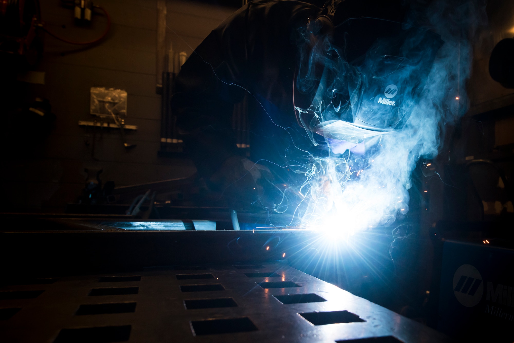 Airman 1st Class Isaiah Jackson, 23d Maintenance Squadron aircraft metals technology journeyman, components of a table, April 25, 2018, at Moody Air Force Base, Ga. Metals technicians support the mission by utilizing fabrication techniques to repair and overhaul countless tools and aircraft parts. The technicians strive to exercise safe and precise fabrication techniques to be able to sufficiently handle their intense workload. (U.S. Air Force photo by Airman 1st Class Eugene Oliver)