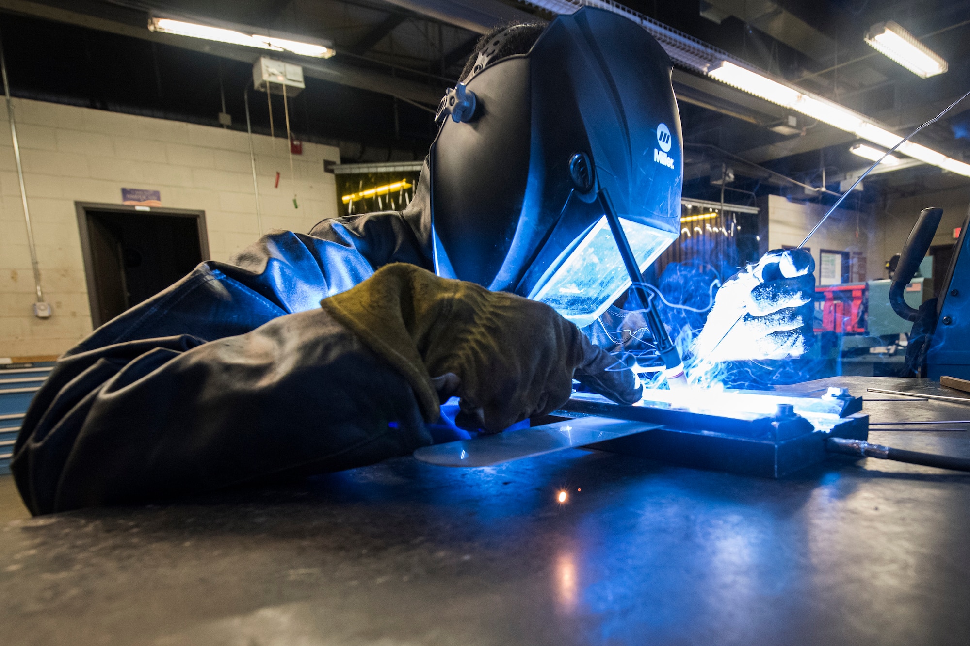 Airman 1st Class Isaiah Jackson, 23d Maintenance Squadron aircraft metals technology journeyman, welds stainless steel, April 25, 2018, at Moody Air Force Base, Ga. Metals technicians support the mission by utilizing fabrication techniques to repair and overhaul countless tools and aircraft parts. The technicians strive to exercise safe and precise fabrication techniques to be able to sufficiently handle their intense workload. (U.S. Air Force photo by Airman 1st Class Eugene Oliver)