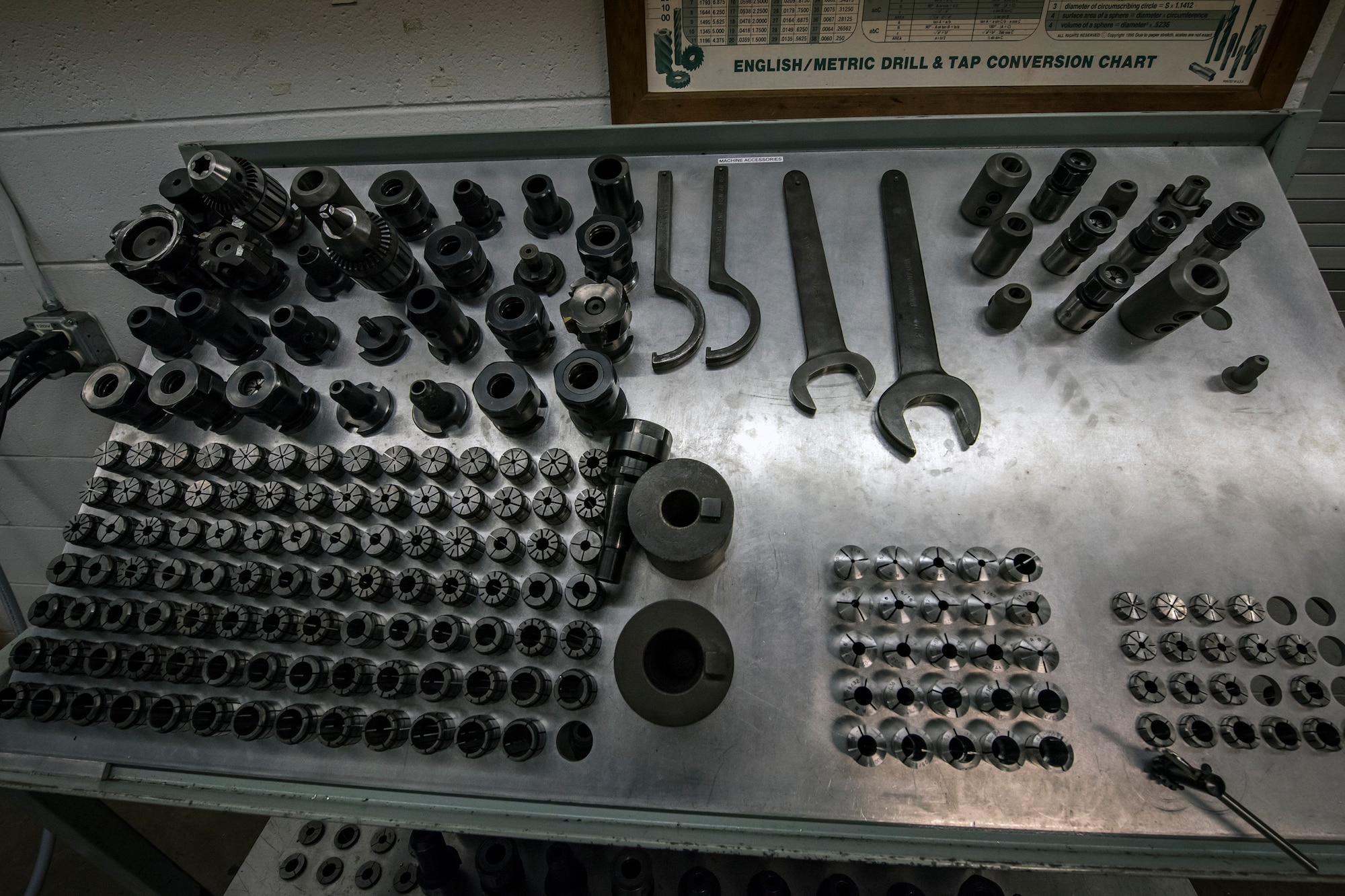 Fabrication tools rest on a table, April 25, 2018, at Moody Air Force Base, Ga. Metals technicians support the mission by utilizing fabrication techniques to repair and overhaul countless tools and aircraft parts. The technicians strive to exercise safe and precise fabrication techniques to be able to sufficiently handle their intense workload. (U.S. Air Force photo by Airman 1st Class Eugene Oliver)