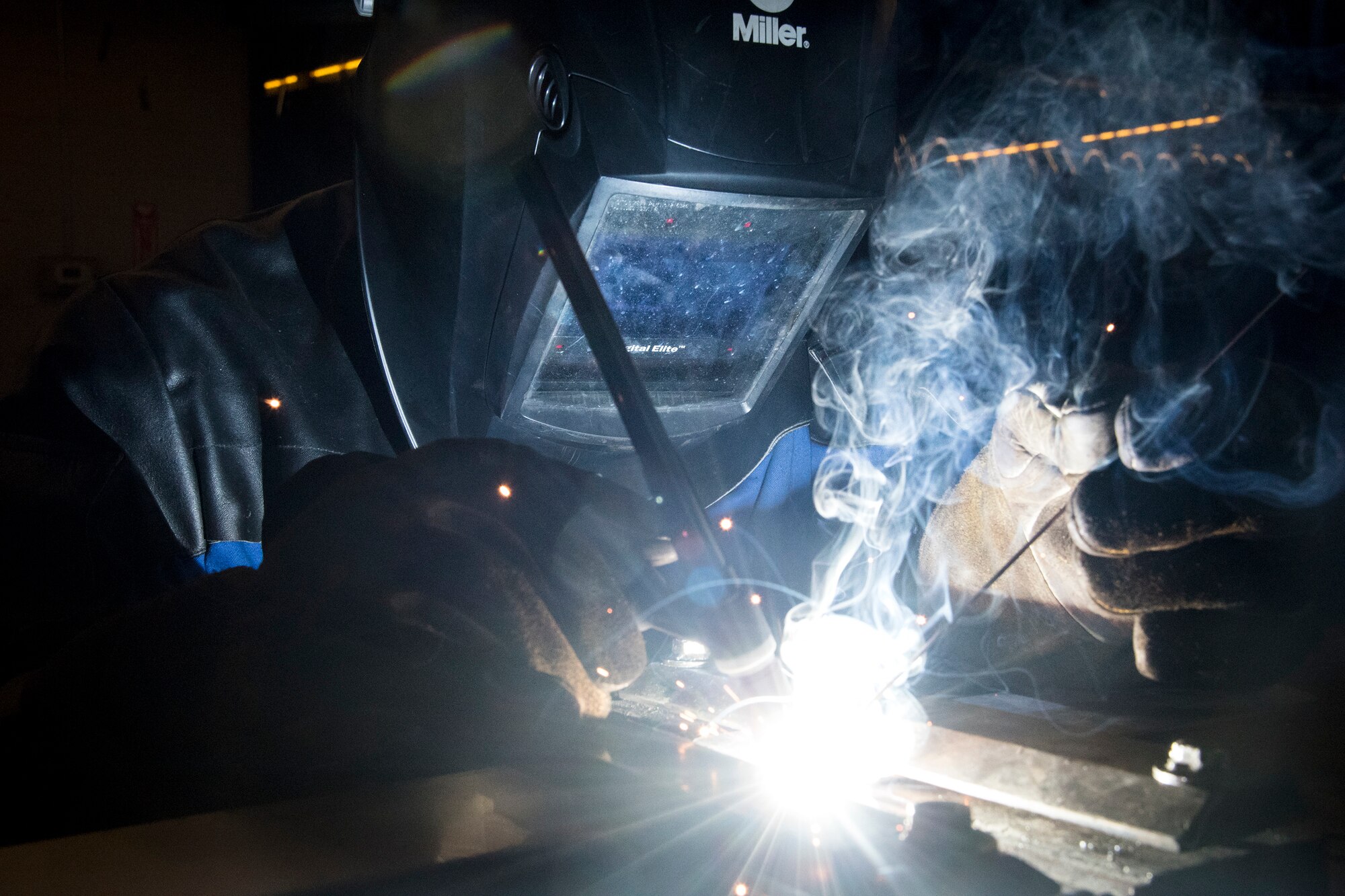 Airman 1st Class Isaiah Jackson, 23d Maintenance Squadron aircraft metals technology journeyman, welds stainless steel, April 25, 2018, at Moody Air Force Base, Ga. Metals technicians support the mission by utilizing fabrication techniques to repair and overhaul countless tools and aircraft parts. The technicians strive to exercise safe and precise fabrication techniques to be able to sufficiently handle their intense workload. (U.S. Air Force photo by Airman 1st Class Eugene Oliver)