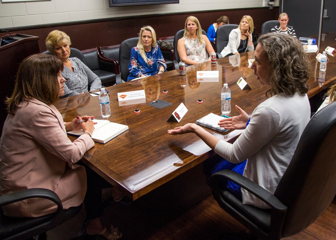 Second Lady of the United States, Karen S. Pence, left, speaks with military spouses at Marine Corps Air Station Miramar, Calif., April 30. Pence met with military spouses to discuss issues that directly affect military families in the United States. (U.S. Marine Corps photo by Sgt. Tia Dufour/Released)