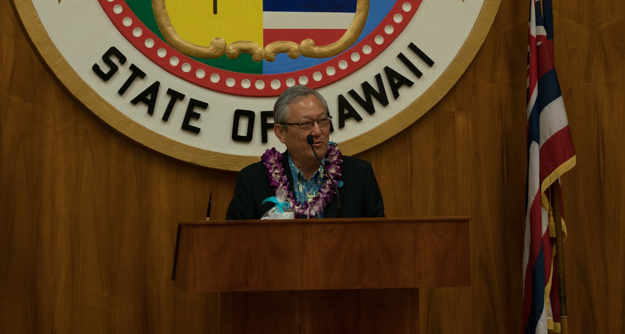 Roy Amemiya, Honolulu City managing director, provides opening remarks at Honolulu City Hall for the Sexual Assault Awareness Month Proclamation Ceremony April 18, 2018.