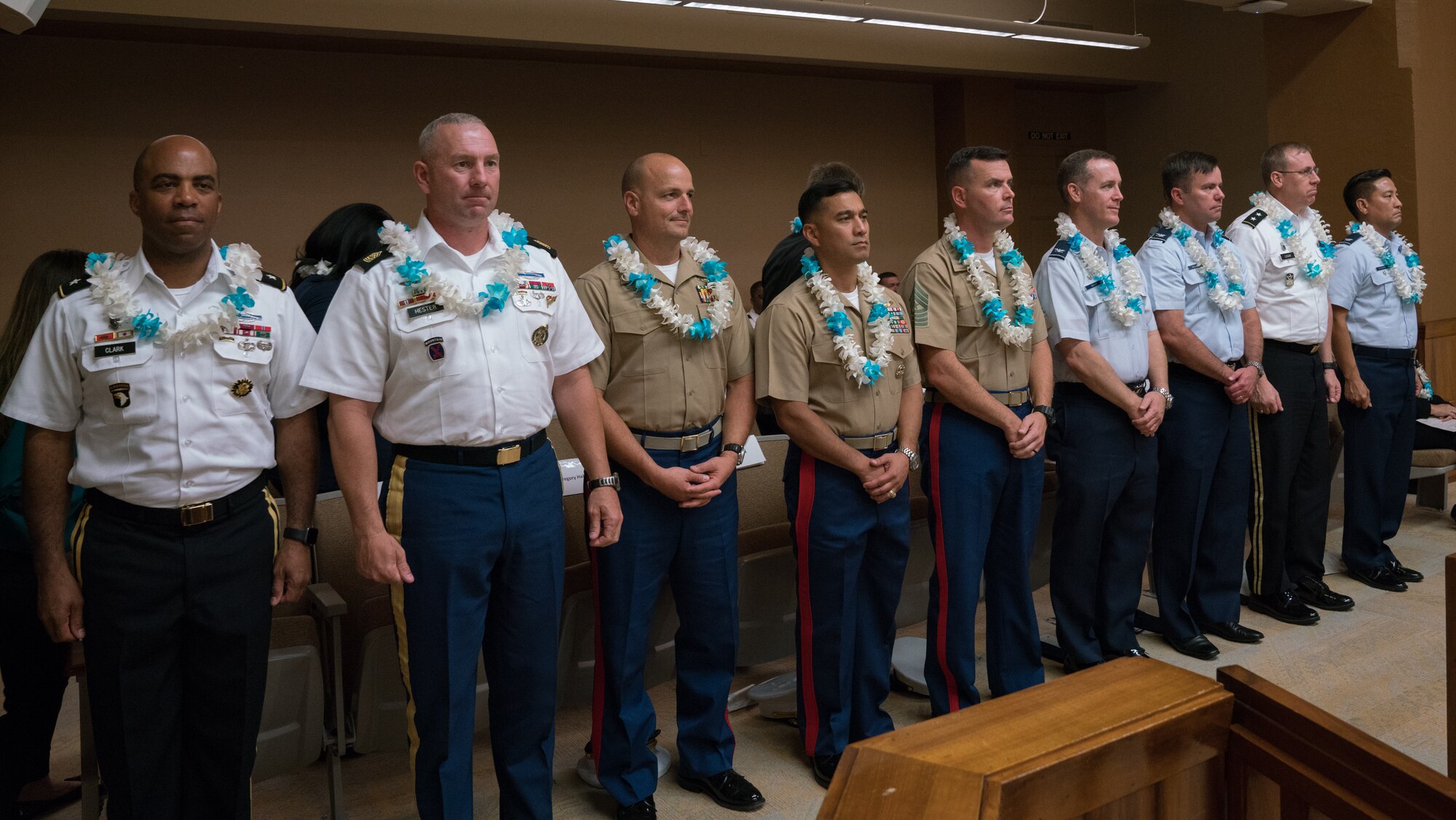 Military leaders from around Hawaii are presented with leis and thanked by community leaders at the Sexual Assault Awareness Month Proclamation Ceremony at Honolulu City Hall April 18, 2018.
