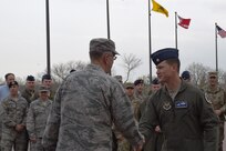U.S. Air Force Gen. John Hyten, commander of U.S. Strategic Command (USSTRATCOM), greets U.S. Air Force Lt. Col. John Eldridge, assistant professor for the U.S. Army Command and General Staff College (CGSC), during the CGSC nuclear enterprise class visit to Offutt Air Force Base, Neb., May 1, 2018. While here, students met with senior leaders and received USSTRATCOM and 625th Strategic Operations Squadron mission briefings. One of nine Department of Defense unified combatant commands, USSTRATCOM has global responsibilities assigned through the Unified Command Plan that include strategic deterrence, nuclear operations, space operations, joint electromagnetic spectrum operations, global strike, missile defense, and analysis and targeting.