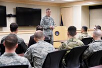 U.S. Air Force Gen. John Hyten, commander of U.S. Strategic Command (USSTRATCOM), talks to U.S. Army Command and General Staff College (CGSC) students about the nuclear enterprise at Offutt Air Force Base, Neb., May 1, 2018. During their visit CGSC students met with senior leaders and received USSTRATCOM and 625th Strategic Operations Squadron mission briefings. One of nine Department of Defense unified combatant commands, USSTRATCOM has global responsibilities assigned through the Unified Command Plan that include strategic deterrence, nuclear operations, space operations, joint electromagnetic spectrum operations, global strike, missile defense, and analysis and targeting.