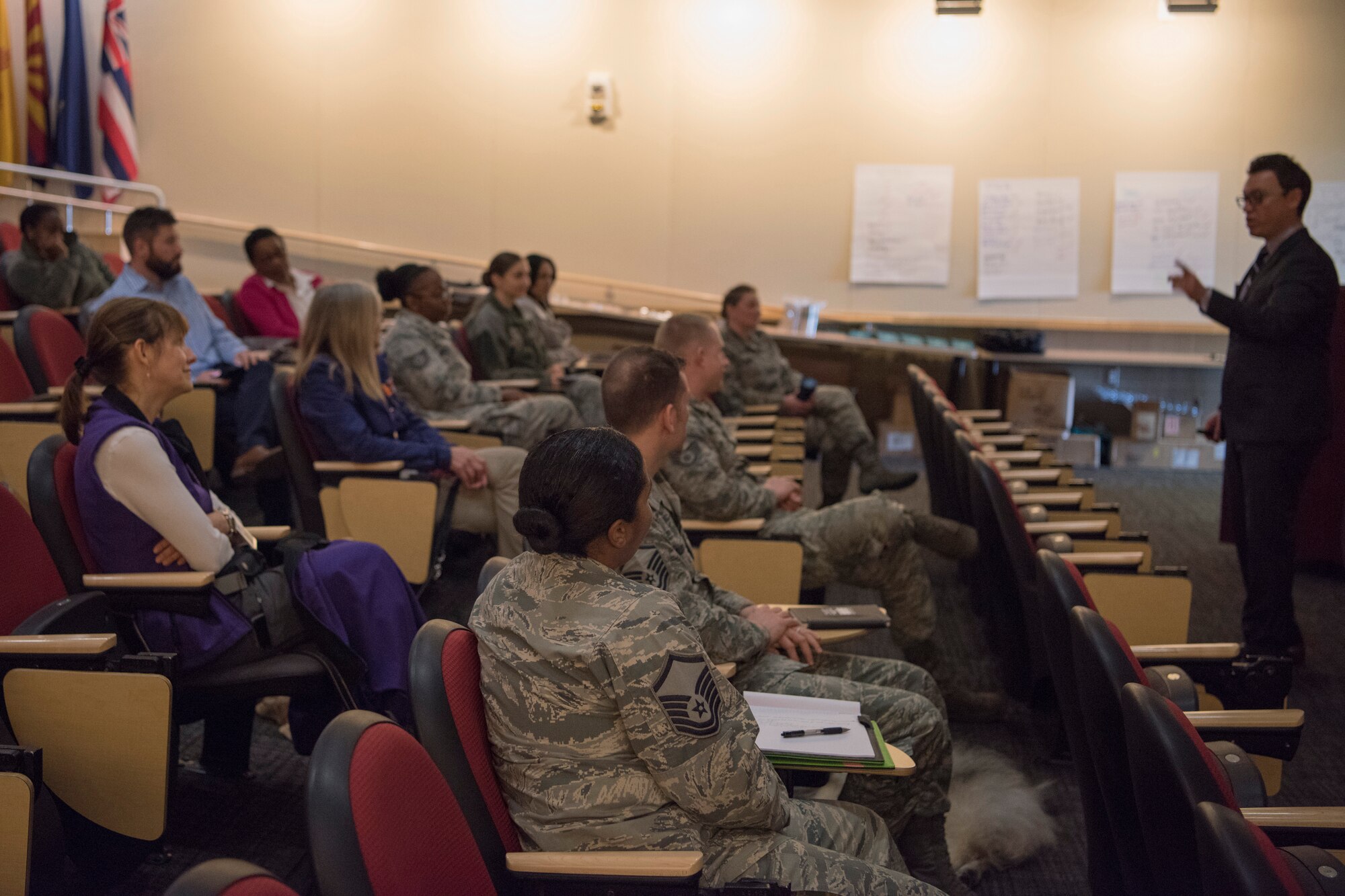 Military and civilian personnel attend a Sexual Assault Prevention and Response educational opportunity at Joint Base Elmendorf-Richardson, Alaska, April 23, 2018. The guest speaker, We End Violence director Jeffrey Bucholtz, spoke to the audience about sexualized violence and what the community can do to change cultural norms.