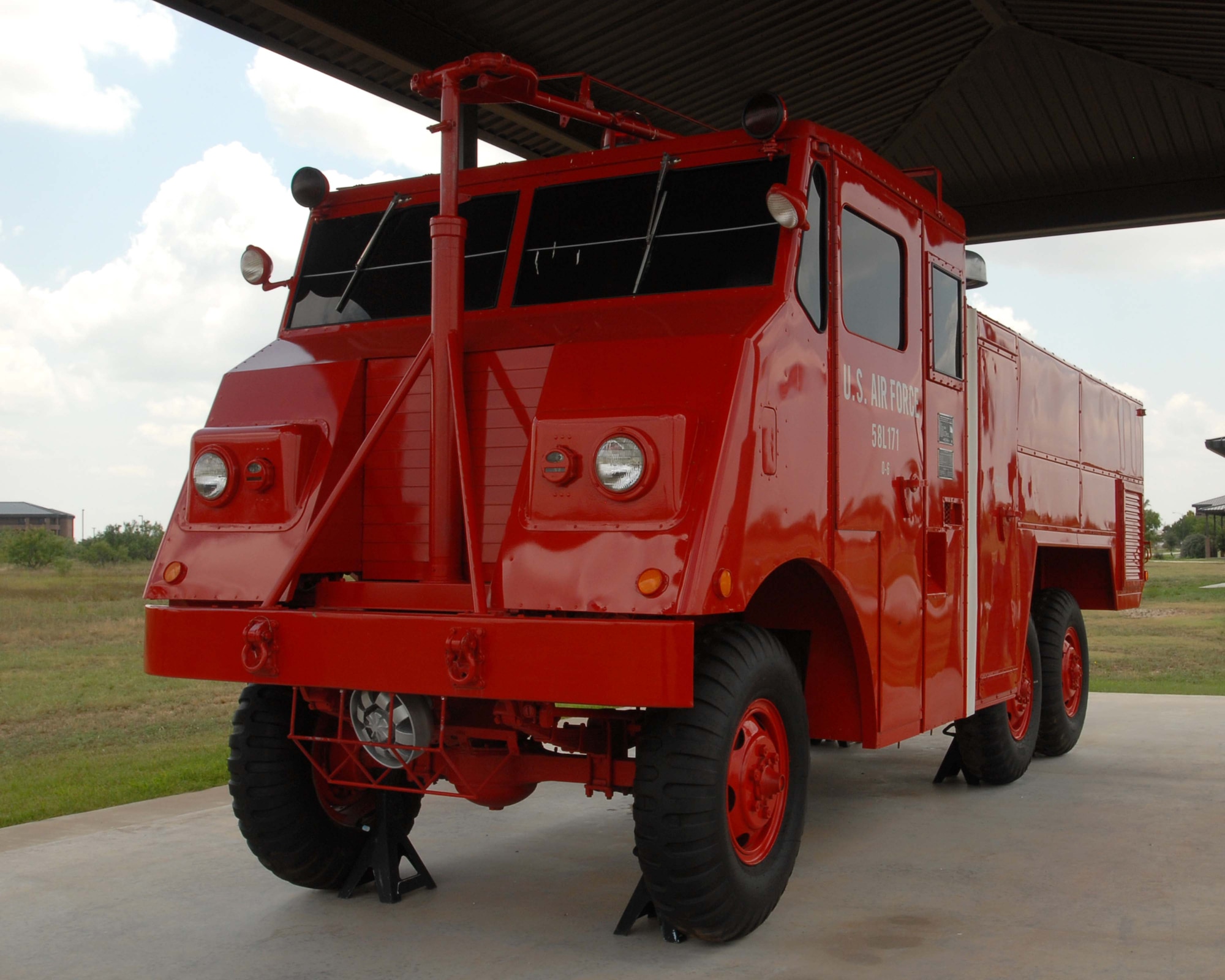A 1958 O-6 Cardox Crash Truck on display at Goodfellow Air Force Base, Texas. Discovered by Chief Mark Giuliano and his firefighters on a rural highway, they bought, restored and had the truck shipped to Goodfellow, in 2004. (Courtesy photo www.militaryfirefighterheritage.com)
