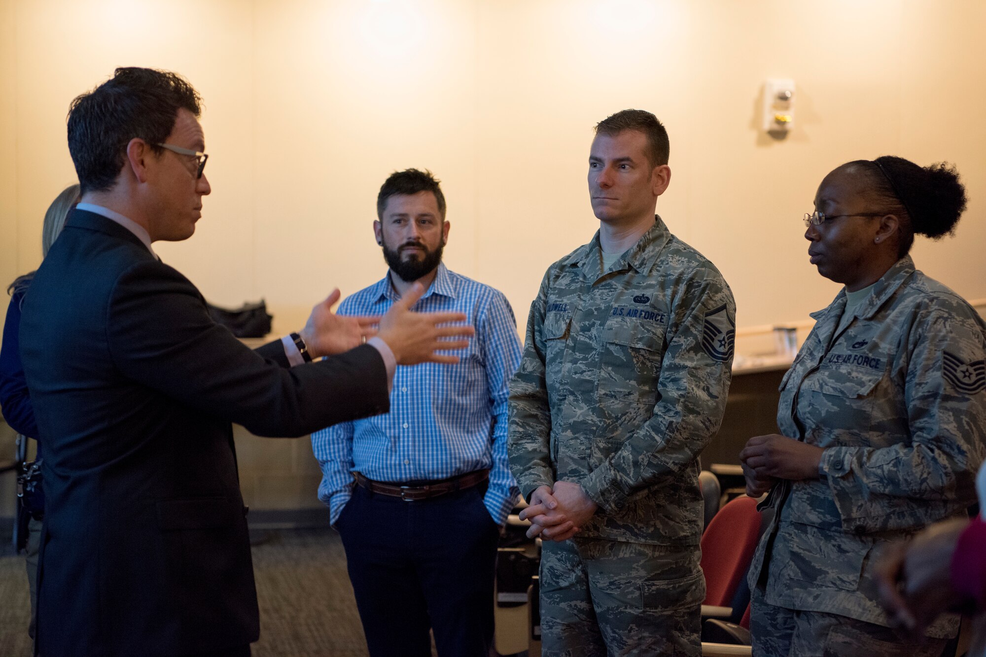 Guest speaker, Jeffrey Bucholtz, director of We End Violence interacts with military and civilian personnel during a Sexual Assault Prevention and Response educational opportunity at Joint Base Elmendorf-Richardson, Alaska, April 23, 2018. During the meeting Bucholtz spoke to the audience about sexualized violence and what the community can do to change cultural norms.