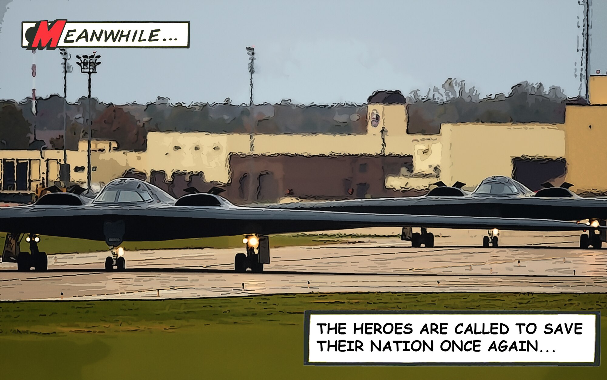 Graphic of the B-2 Spirit as a comic book strip.