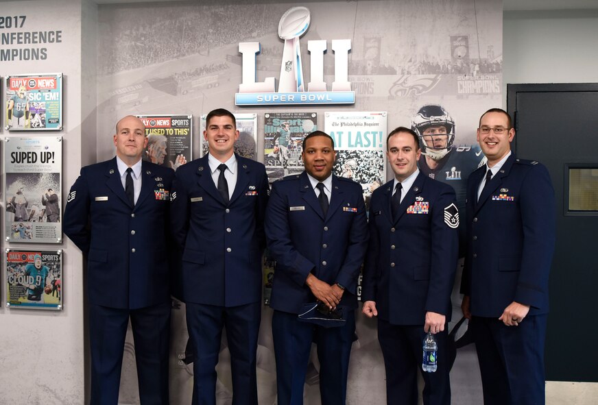 From left, Staff Sgt. Ryan Locke, 436th Civil Engineer Squadron Explosive Ordnance Disposal technician, Senior Airman Daniel Wilgus, 436th Aerial Port Squadron ramp services technician, Capt. Harold Brown, 436th Medical Support Squadron Resource Management Office flight commander, Master Sgt. Anthony Palma, 436th APS Air Terminal Operations Center NCO in charge, and Capt. Kyle Kodalen, Air Force Mortuary Affairs Operations deputy branch chief, all assigned to Dover Air Force Base, Del., tour the NovaCare Complex April 28, 2018, in Philadelphia, Pa. The NovaCare Complex contains training facilities, offices, and an outpatient physical therapy center operated by NovaCare Rehabilitation for the Philadelphia Eagles. Brian Papson, Philadelphia Eagles vice president of marketing, gave the five Airmen a tour of the training facility where they also had the chance to meet some of the team’s players. (U.S. Air Force photo by Airman 1st Class Zoe M. Wockenfuss)