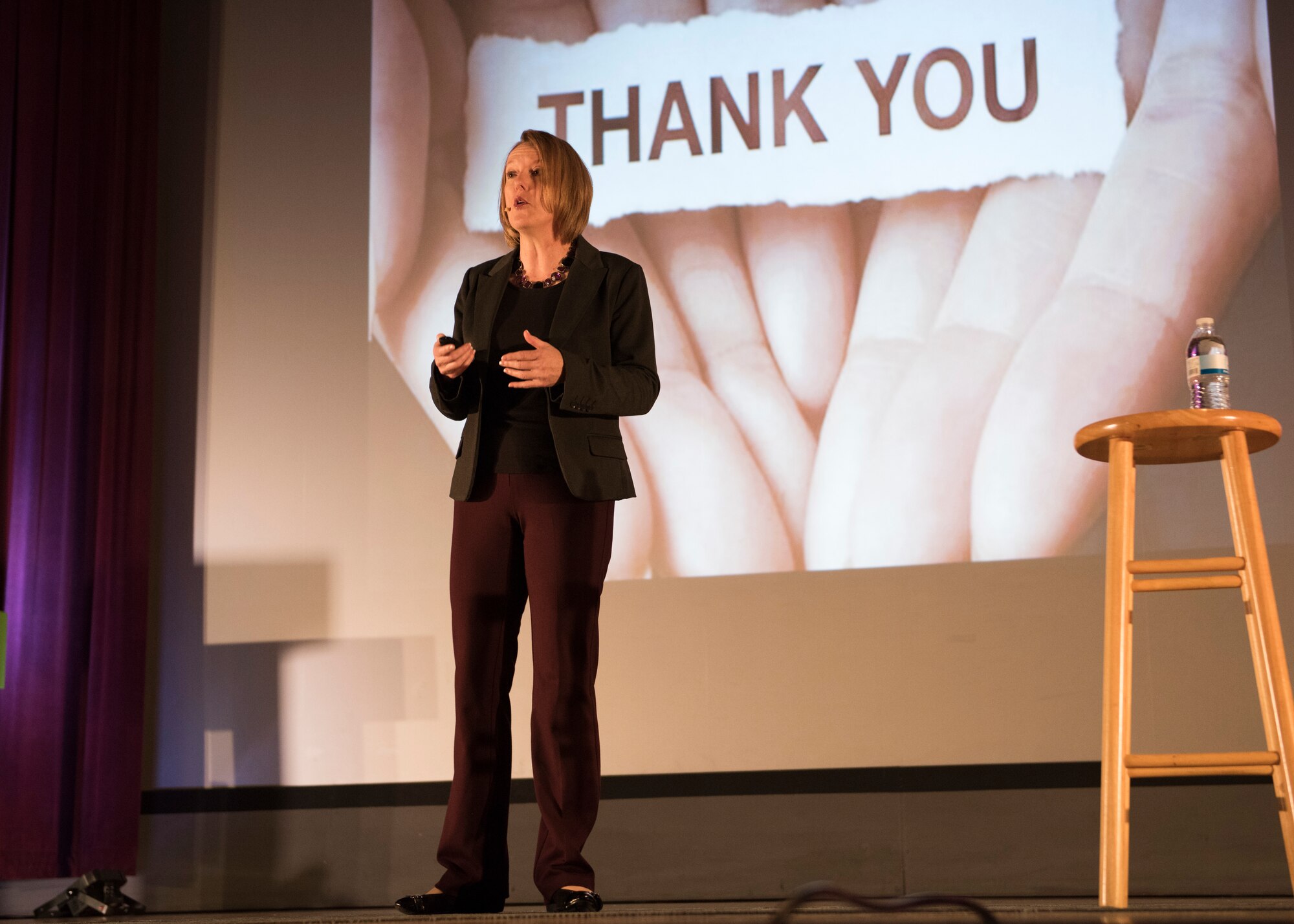 Dr. Mary Bartlett, Air Command Staff College professor of leadership, speaks about the need for connection for mental health at the Leaders Inspiring For Tomorrow event at Fairchild Air Force Base, Washington, April 27, 2018.  Research shows that people who like each other, work well together and connect are more resilient and committed. (U.S. Air Force Photo/SrA Ryan Lackey)