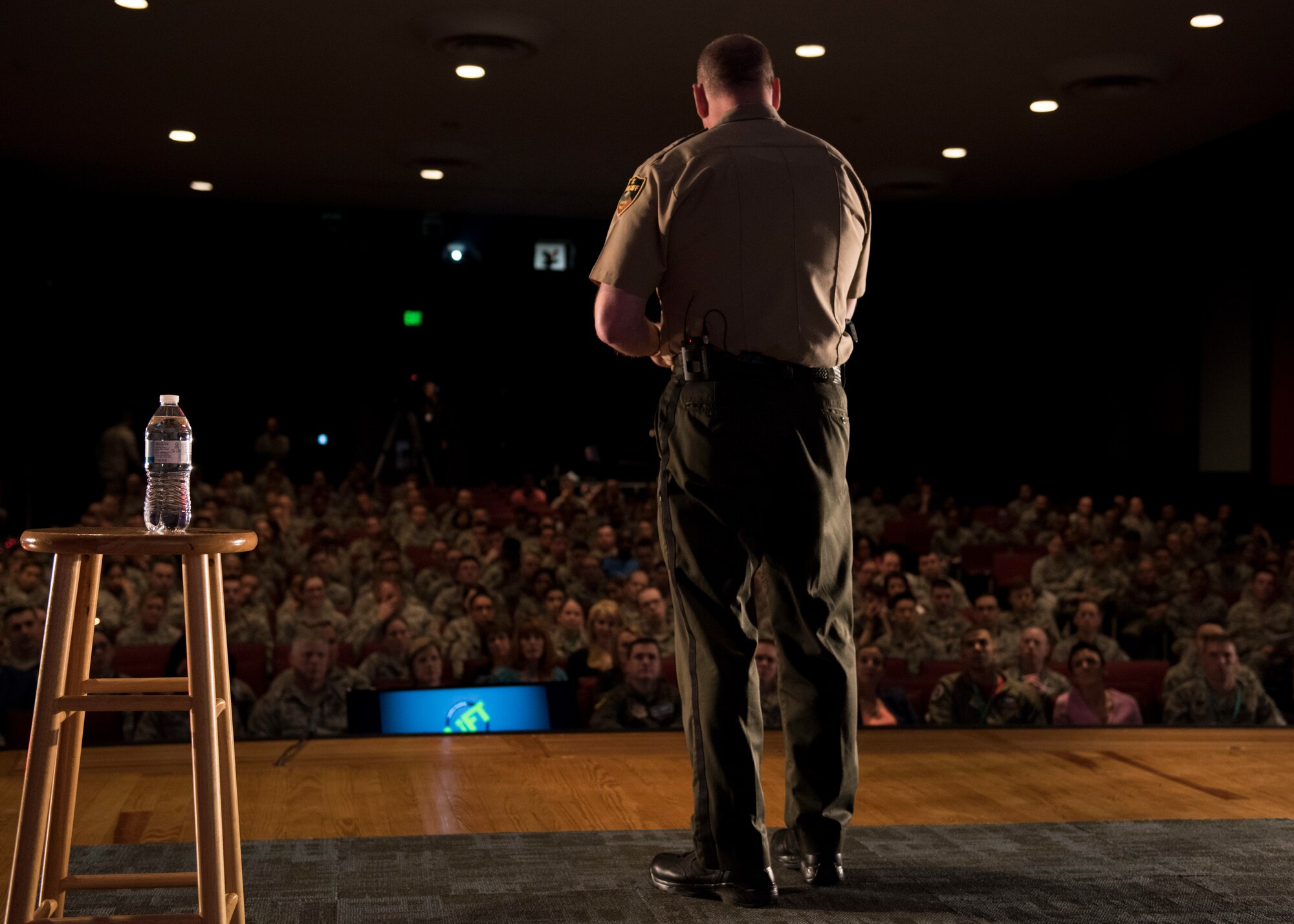 Ozzie Knezovich, Spokane County Sheriff, related his extensive experiences as Sheriff and the need to remain morally committed to public servitude at the Leaders Inspiring For Tomorrow event at Fairchild Air Force Base, Washington, April 27, 2018.  Knezovich gave the assembled Airmen three keys to leadership: Leaders solve peoples problems, they uphold standards and the need to pursue a vision. (U.S. Air Force Photo/SrA Ryan Lackey)
