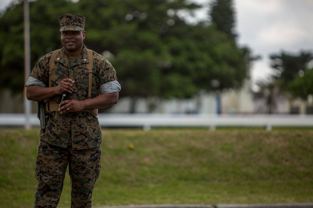 Lt. Col. Kenric D. Stevenson, commanding officer of Combat Logistics Regiment 35, thanks the Marines of CLR-35 for their efforts during the regimental change of command ceremony May 1, 2018 on Camp Kinser, Okinawa, Japan. Col. Forrest C. Poole relinquished command of CLR-35 to Stevenson. Stevenson is a native of DeRidder, Louisiana. (U.S. Marine Corps photo by Lance Cpl. Jamin M. Powell)