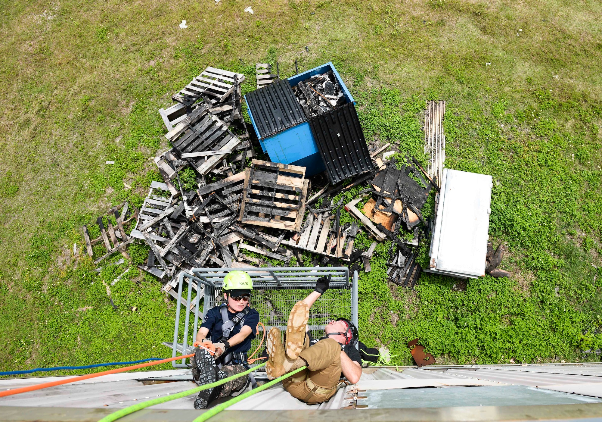 Airmen from the Republic of Korea demonstrate rappelling techniques during a training session April 21, 2018, at Andersen Air Base, Guam. The training, which took place during Theater Security Cooperative Silver Flag, simulates contingency training in a joint environment, testing Airmen from the Civil Engineer career field on their emergency preparedness. (U.S. Air Force photo by Tech. Sgt. Jake Barreiro)