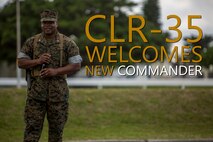 Lt. Col. Kenric D. Stevenson, commanding officer of Combat Logistics Regiment 35, thanks the Marines of CLR-35 for their efforts during the regimental change of command ceremony May 1, 2018 on Camp Kinser, Okinawa, Japan. Col. Forrest C. Poole relinquished command of CLR-35 to Stevenson. Stevenson is a native of DeRidder, Louisiana. (U.S. Marine Corps photo by Lance Cpl. Jamin M. Powell)