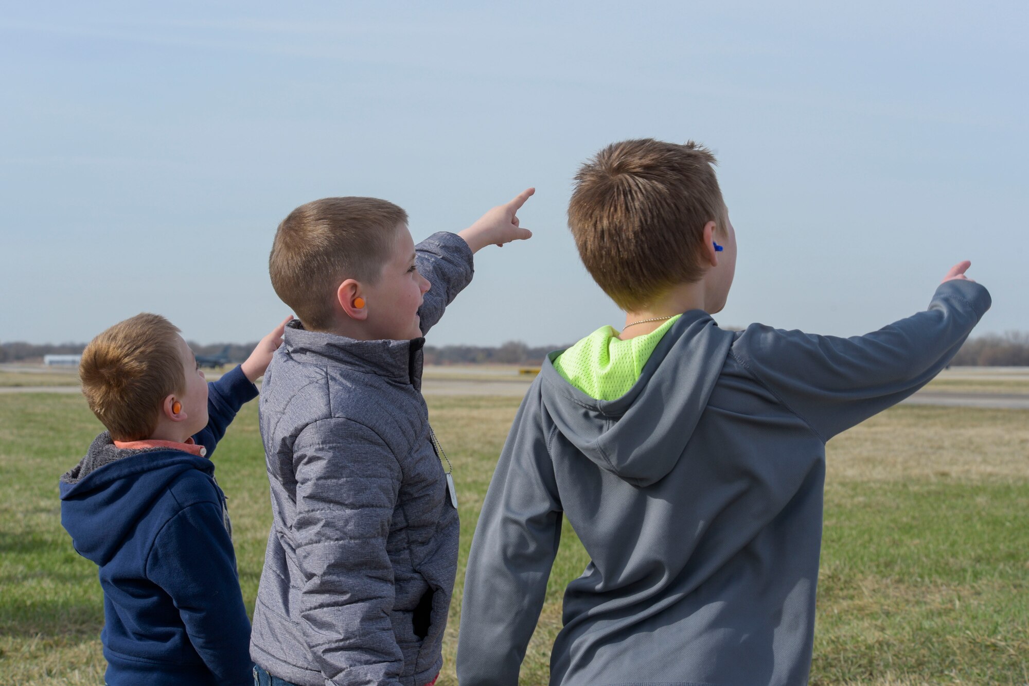 Charlie Nelson, 4, Mason Amoriello, 7, and Carter Coenen, 6, watch an F-16 Fighting Falcon takeoff at Truax Field, Wis. April 26, 2018. The takeoff was one of the many things children were able to participate in during National Take Our Sons and Daughters to Work Day.
(U.S. Air National Guard photo by Cameron R. Lewis)