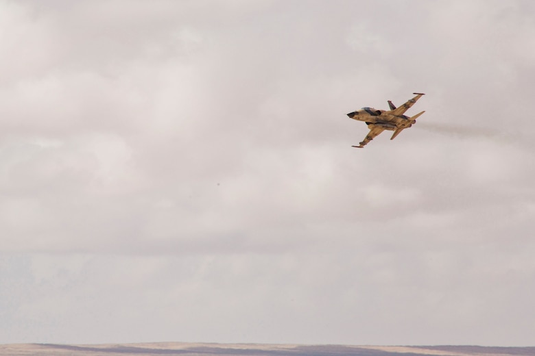 A Moroccan F5 aircraft provides close air support during Exercise African Lion 2018, in Tan Tan, Morocco, April 23, 2018. African Lion is an annual, multinational, joint-force exercise improving interoperability between participating nations. (U.S. Marine Corps photo by Lance Cpl. Tessa D. Watts)