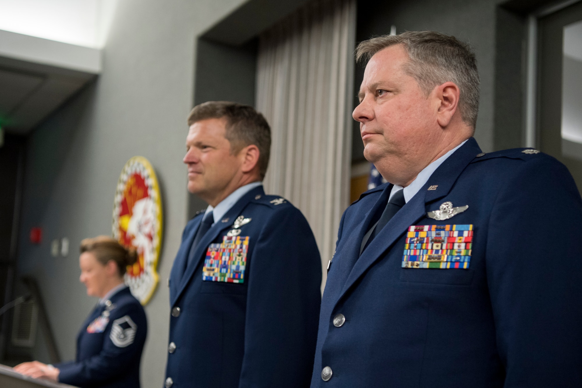 Col. Brian Hollis, 434th Operational Support Squadron commander, right, stands beside Col. Paul Gates, 434th Air Refueling Wing vice commander, during a promotion ceremony at Grissom Air Reserve Base, Ind., April 7, 2018. Before taking command of the 434th OSS, Hollis held numerous jobs within the 434th ARW, including tanker scheduler, nuclear plans officer, assistant chief pilot tactics officer, chief of mission development, chief of plans and director of operations. (U.S. Air Force photo/Tech. Sgt. Benjamin Mota)