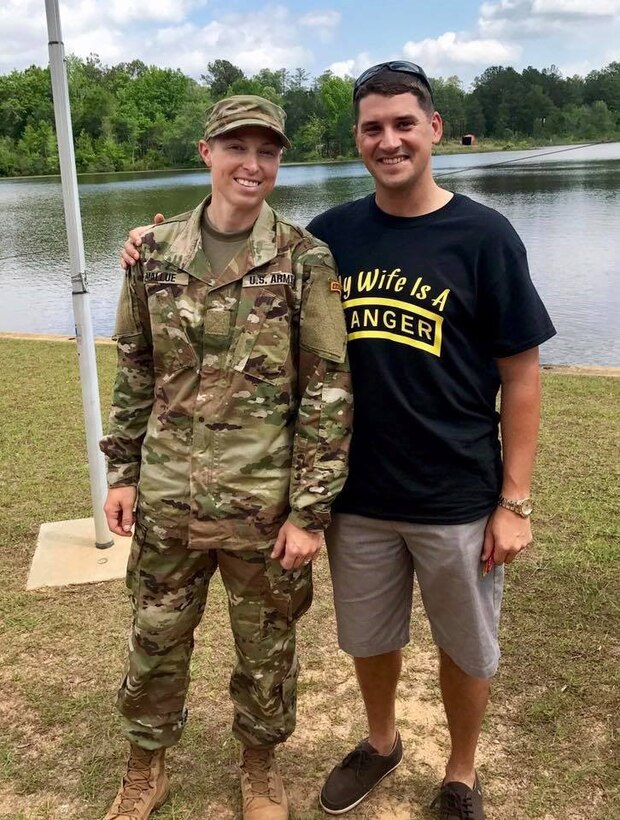 Army Capt. Natalie Mallue and her husband, Army Capt. Edward Mallue, pose for a photo at Fort Benning, Ga., April 28, 2017. At that time, Natalie had just graduated from Ranger school, the sixth woman ever to do so. Mallue is also the first woman to hold both Ranger and Sapper tabs. Courtesy photo