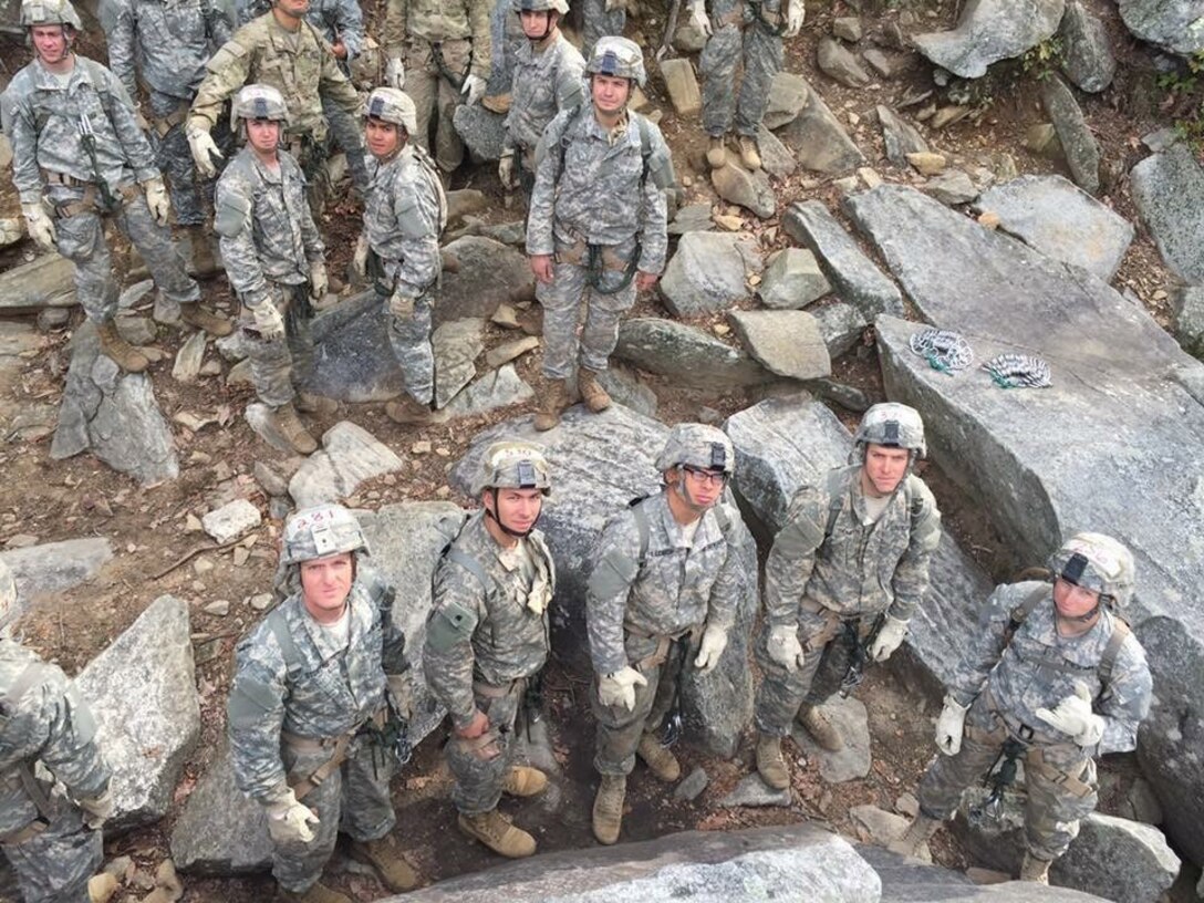 Army Capt. Natalie Mallue, bottom right, gives the Hawaiian Shaka symbol during mountaineering training in the second phase of Ranger school at Camp Merrill, Ga., March 16, 2017. Courtesy photo