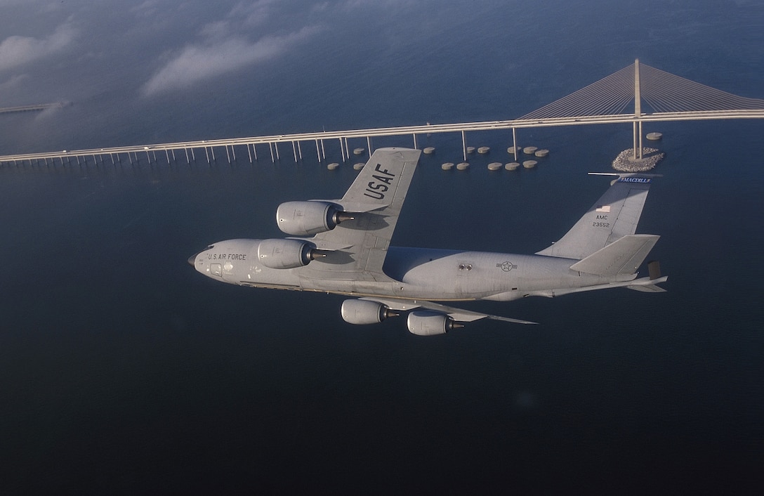 A KC-135R Stratotanker assigned to the 6th Air Refueling Wing, 91st Air Refueling Squadron, at MacDill Air Force Base, Fla., flies a training mission over central Florida. The KC-135's principal mission is air refueling. This asset greatly enhances the U. S. Air Force's capability to accomplish its mission of Global Engagement. It also provides aerial refueling support to U.S. Navy, U.S. Marine Corps and allied aircraft. Four turbofans, mounted under 35-degree swept wings, power the KC-135 to takeoffs at gross weights up to 322,500 pounds (146,285 kilograms). Nearly all internal fuel can be pumped through the tanker's flying boom, the KC-135's primary fuel transfer method. A special shuttlecock-shaped drogue, attached to and trailed behind the flying boom, may be used to refuel aircraft fitted with probes. An operator stationed in the rear of the plane controls the boom. (U.S. Air Force photo by Master Sgt Keith Reed)