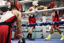Marines with the 1st Marine Division Boxing team spar in the ring to prepare for their upcoming fight against the Royal Marines in England, May 3 and 8, 2018.