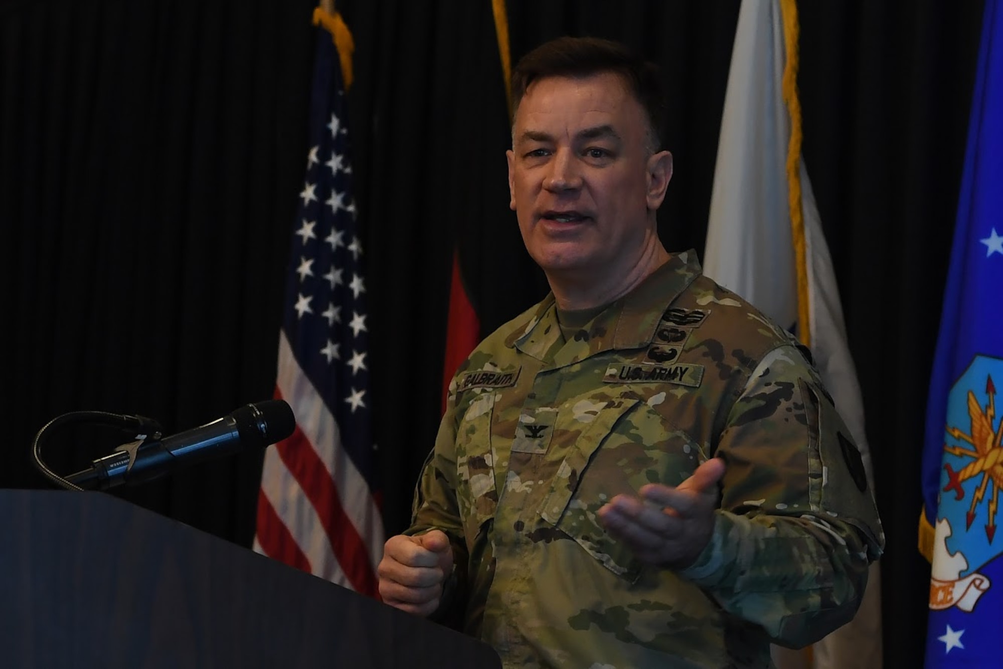 U.S. Army Col. William S. Galbraith, 21st Theatre Sustainment Brigade deputy commanding officer, speaks during the Sexual Assault Prevention and Response Leadership Breakfast at Ramstein Air Base, April 12, 2018.