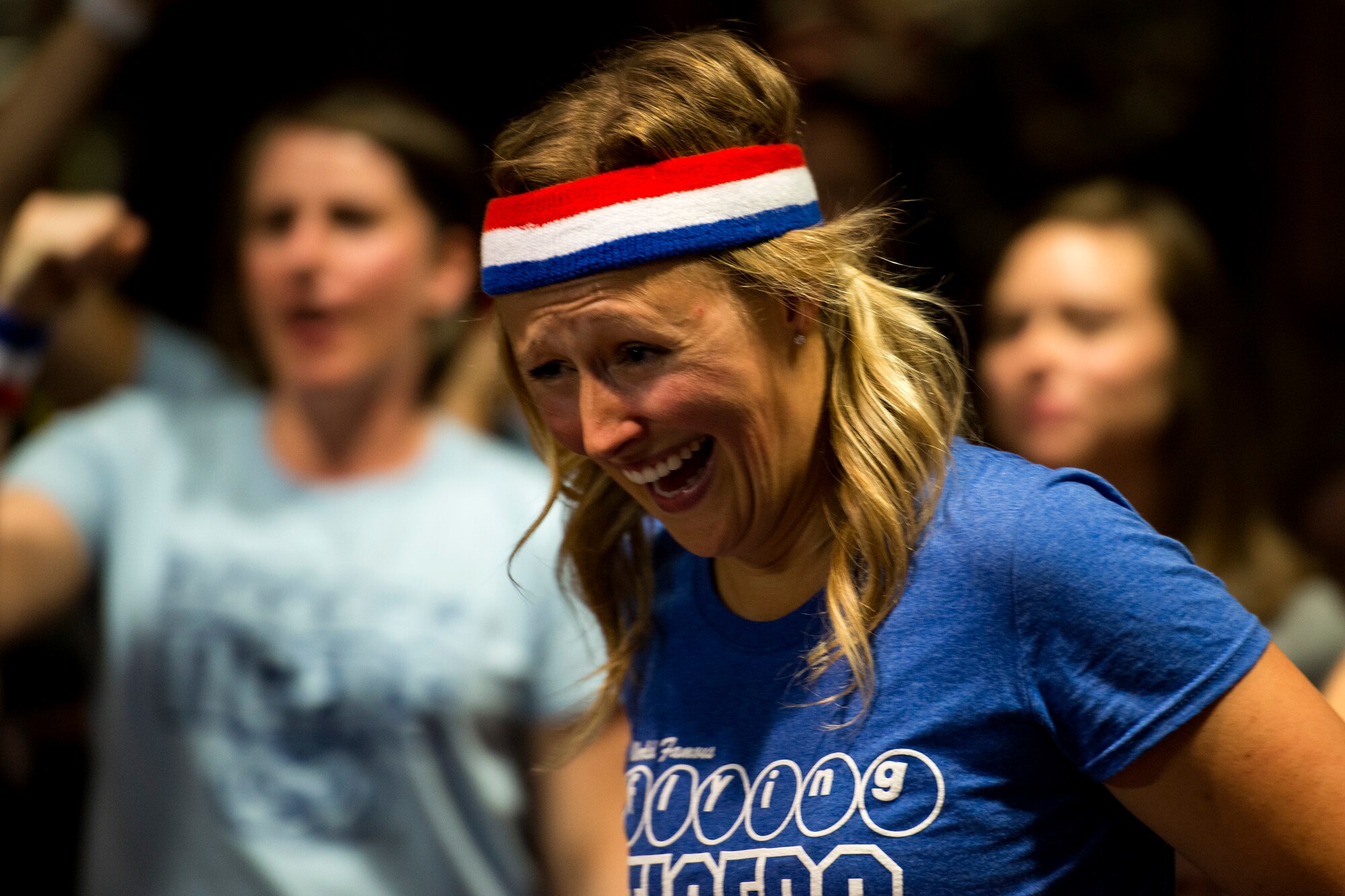 Jessica Seyfried, crud player, laughs after a match during a spouses crud tourney, April 27, 2018, at Moody Air Force Base, Ga. The Moody spouses built the event around teamwork and comradery, giving them an opportunity to experience a long-held tradition amongst the Air Force fighter and rescue squadrons. Though the game originated in the Royal Canadian Air Force, it has since been adopted by the U.S. (U.S. Air Force photo by Airman 1st Class Erick Requadt)