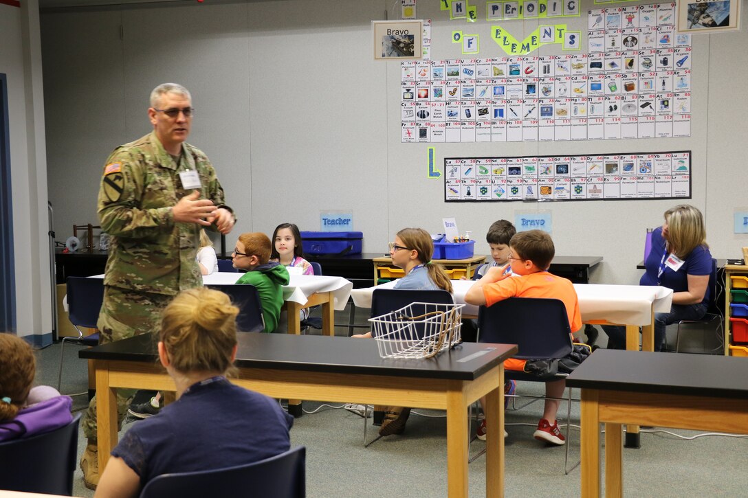 Col. Stephen Bales, U.S. Army Corps of Engineers' Middle East District commander, spent May 1 with 28 fourth and fifth grade students at STARBASE Academy, Winchester, discussing engineering and problem solving.