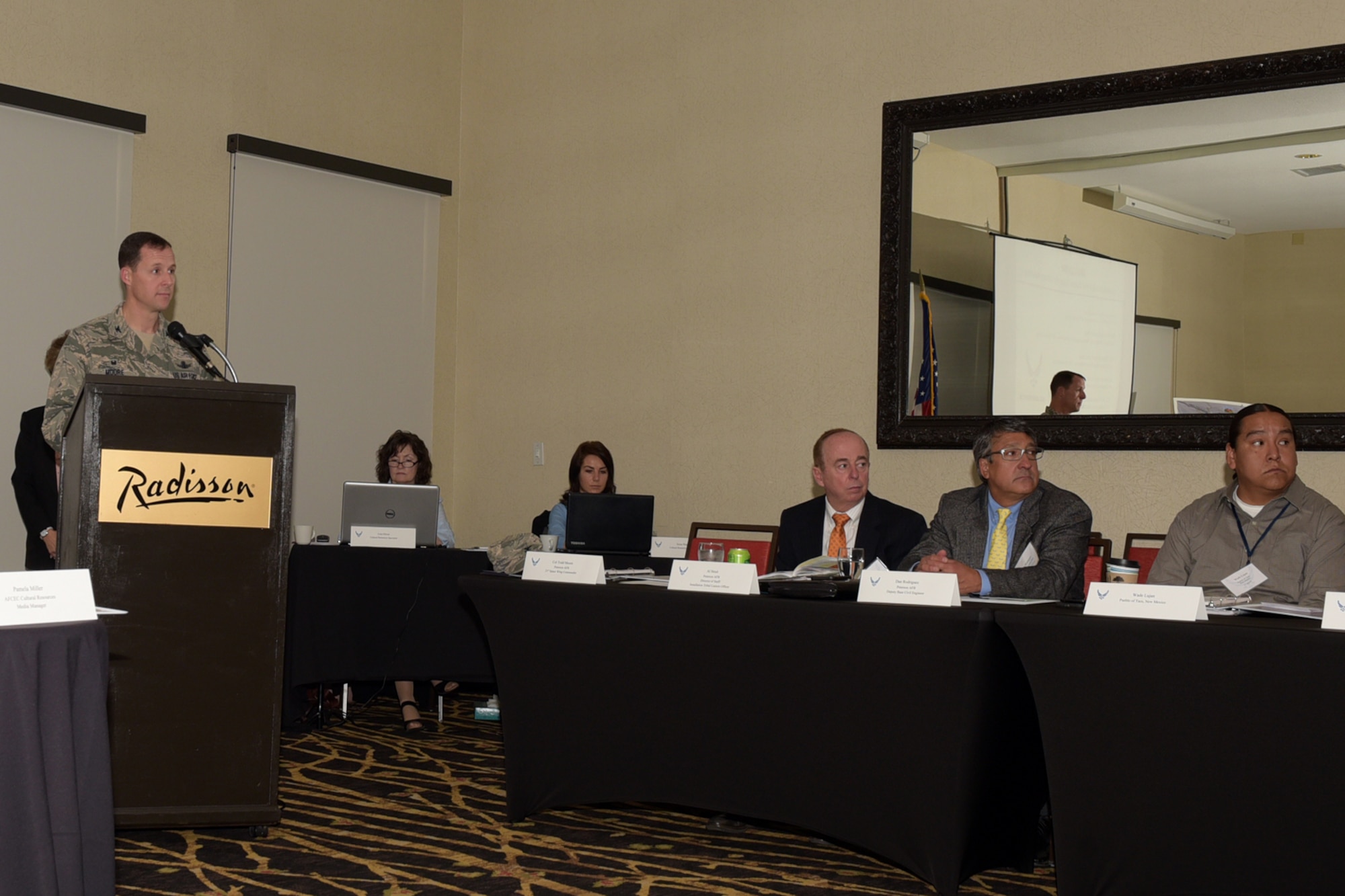 21st Space Wing commander, addresses attendees at the second annual Front Range Tribal Relations meeting in Colorado Springs, Colo., April 25, 2018