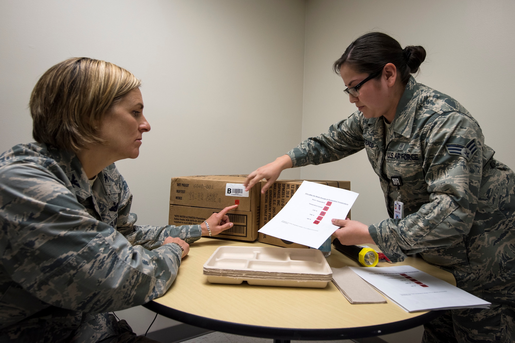 Col. Jennifer Short, left, 23d Wing commander, and Senior Airman Evelyn Alvarado, 23d Aerospace Medicine Squadron public health technician, perform an inspection on a meal, ready-to-eat, April 30, 2018, at Moody Air Force Base, Ga.  Short toured the 23d Medical Group (MDG) to gain a better understanding of their overall mission, capabilities, and comprehensive duties, and was able to experience the day-to-day operations of the various units within the 23d MDG, ranging from bioenvironmental to ambulatory care. (U.S. Air Force photo by Airman 1st Class Eugene Oliver)