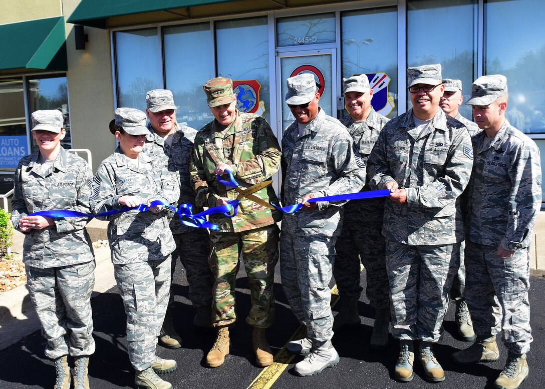 Maj. Gen. Steve Danner, the adjutant general of Missouri, cuts the ceremonial ribbon for the first-ever Missouri Air National Guard recruiting office, in Springfield, Mo., April 27, 2018. Danner was joined by Missouri Air National Guard senior leaders and recruiters.  (U.S. Air National Guard photo by Senior Master Sgt. Mary-Dale Amison