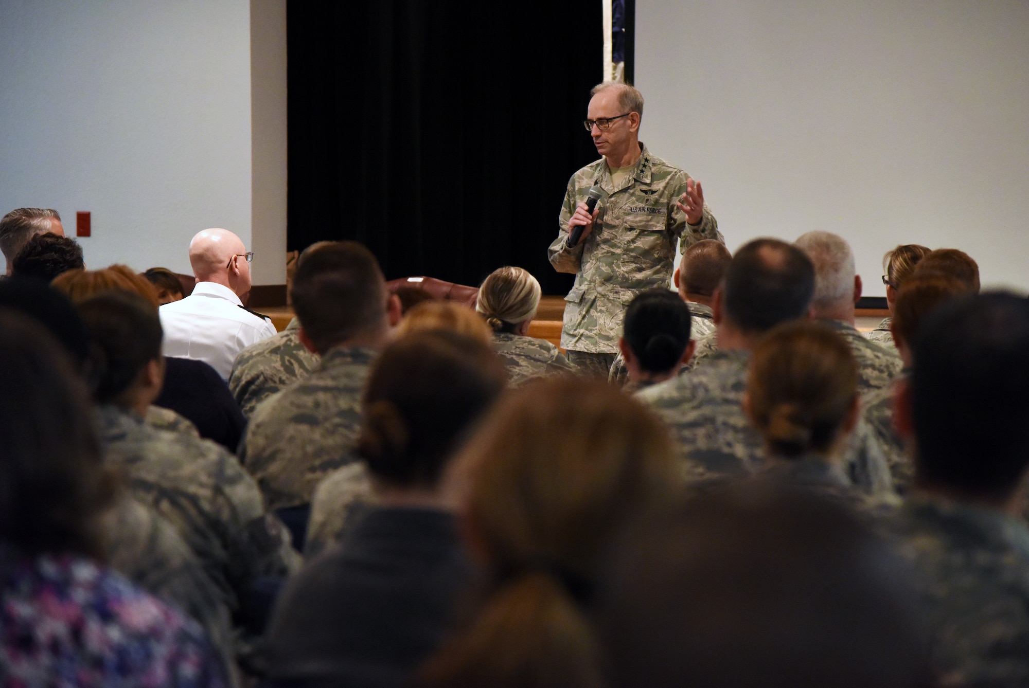 U.S. Air Force Lt. Gen. Mark Ediger, Air Force Surgeon General, delivers remarks during a town hall meeting for members of the 81st Medical Group at the Don Wiley Auditorium inside the Keesler Medical Center during a site visit at Keesler Air Force Base, Mississippi, April 27, 2018. The purpose of the visit was to get oriented with base operations and the Keesler Medical Center. The visit also included an office call with 2nd Air Force leadership and tours of the Clinical Research Lab and the newly renovated 81st Dental Squadron clinic. (U.S. Air Force photo by Kemberly Groue)