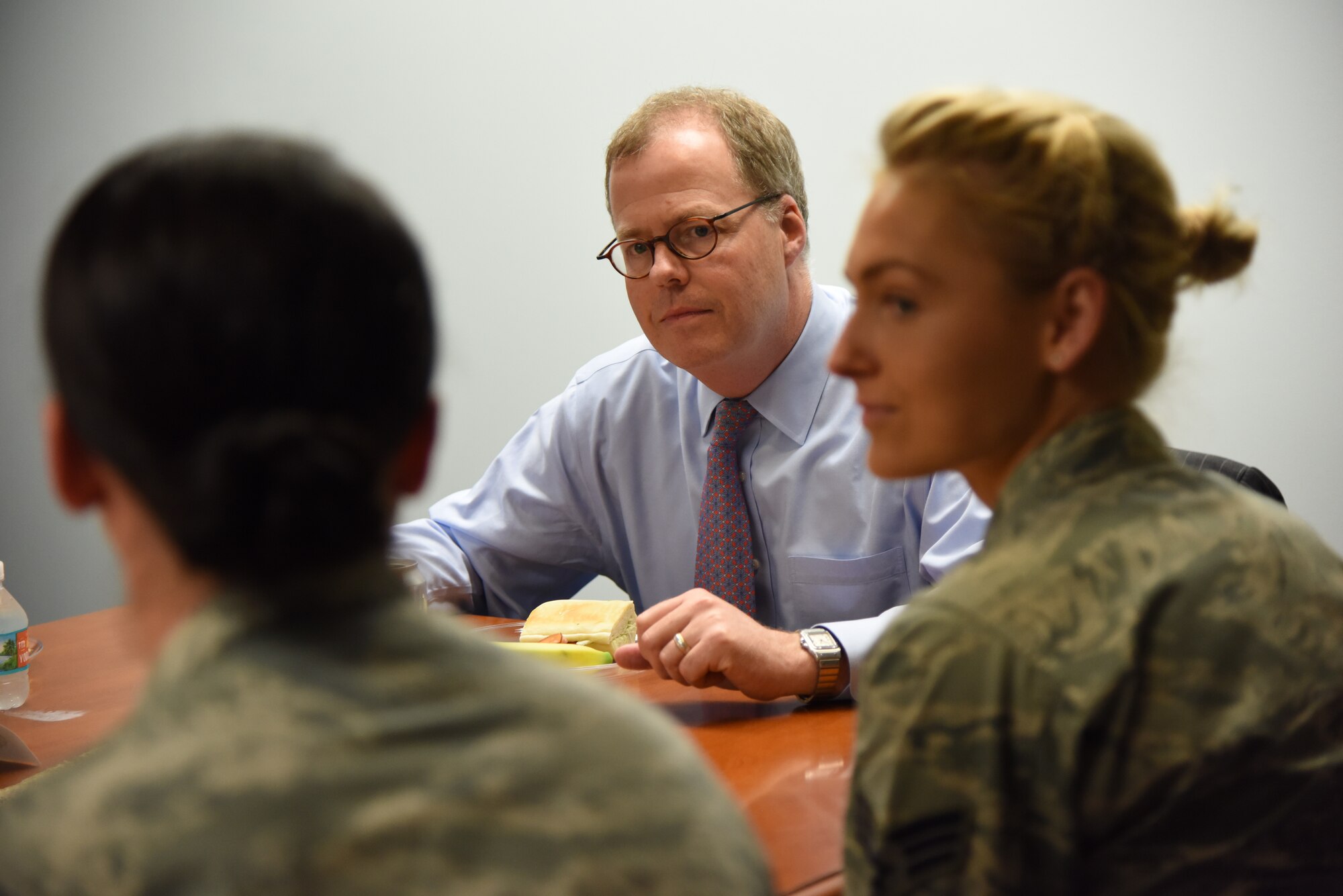 Thomas McCaffery, Acting Assistant Secretary of Defense for Health Affairs, attends a luncheon with Airmen at the Keesler Medical Center during a site visit at Keesler Air Force Base, Mississippi, April 27, 2018. The purpose of the visit was to get oriented with base operations and the Keesler Medical Center. The visit also included an office call with 2nd Air Force leadership and tours of the Clinical Research Lab and the newly renovated 81st Dental Squadron clinic. (U.S. Air Force photo by Kemberly Groue)