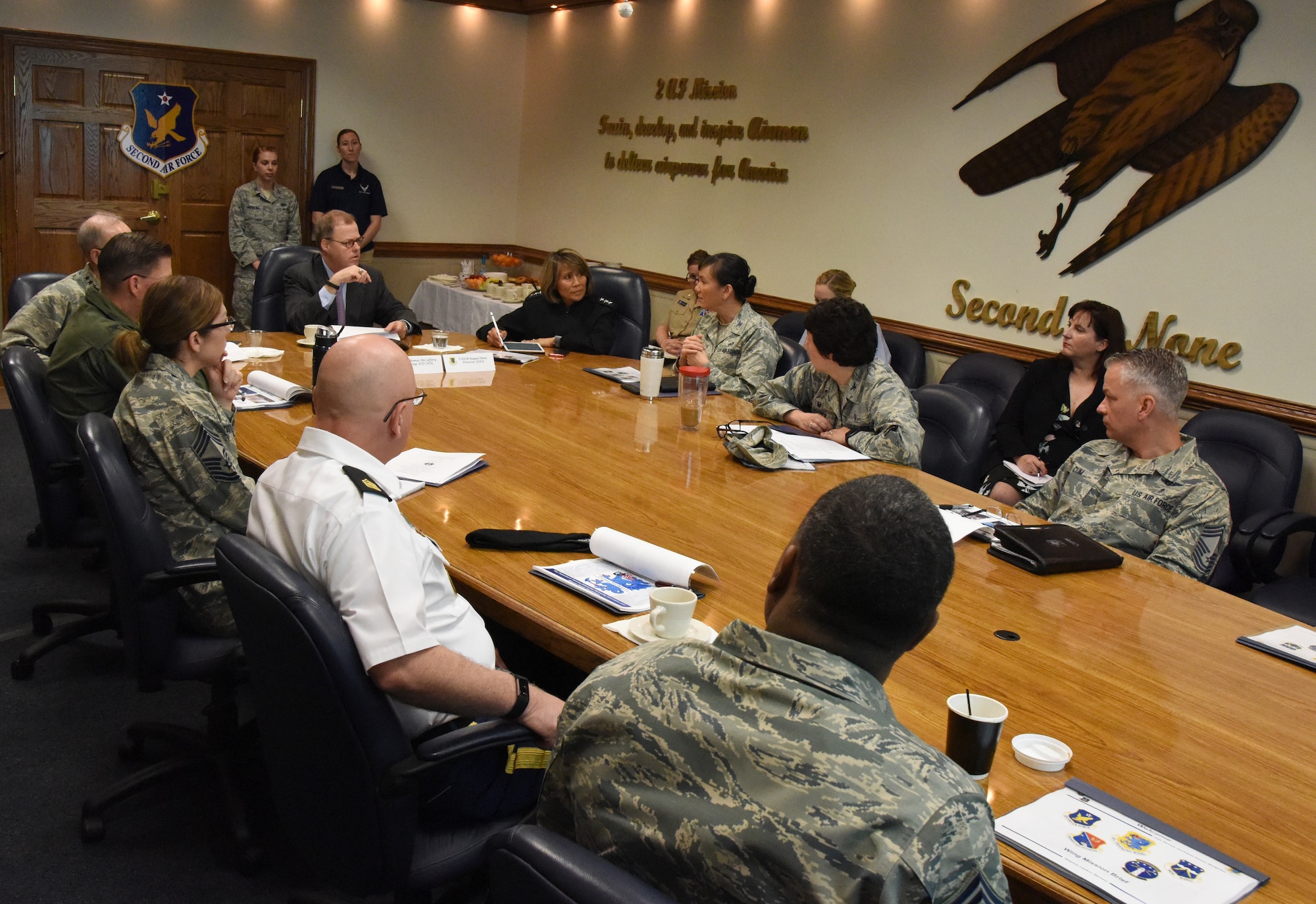 U.S. Air Force Col. Debra Lovette, 81st Training Wing commander, hosts an 81st TRW mission brief for Defense Health Agency leadership at the 2nd Air Force headquarters building during a site visit at Keesler Air Force Base, Mississippi, April 27, 2018. The purpose of the visit was to get oriented with base operations and the Keesler Medical Center. The visit also included an office call with 2nd Air Force leadership and tours of the Clinical Research Lab and the newly renovated 81st Dental Squadron clinic. (U.S. Air Force photo by Kemberly Groue)