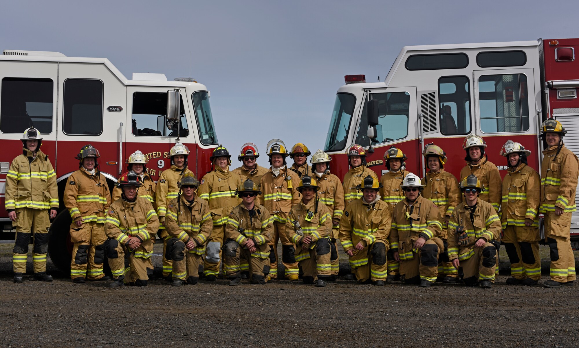 Oregon Air National Guard Airmen from Kingsley Field and civil engineer officers from multiple locations across the U.S. pose for a photo after a structural live fire exercise at Fairchild Air Force Base, Washington, April 18, 2018. Kingsley Field firefighters, who lacked adequate training facilities, and civil engineer officers, who required fire marshal certification, both seized an opportunity for joint training with Fairchild during a week-long training effort. (U.S. Air Force photo/Airman 1st Class Jesenia Landaverde)