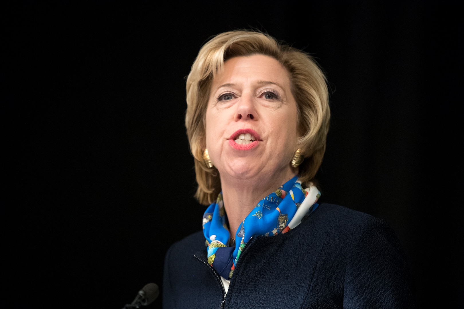 Ellen M. Lord, undersecretary of defense for acquisition, technology and logistics, speaks during the JEDI Cloud Industry Day in Arlington, Va.