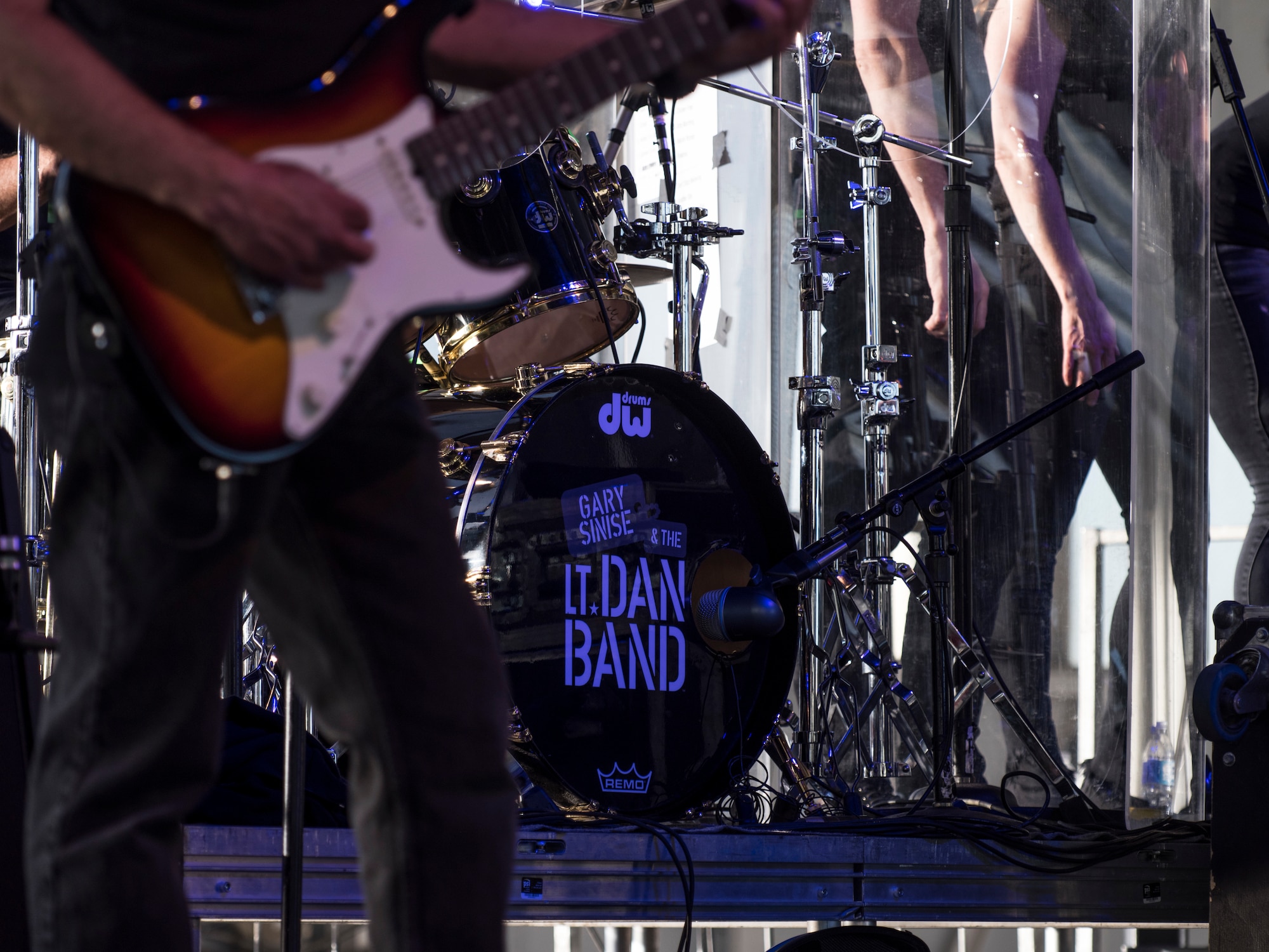A photo of members of the Lt. Dan Band perform during a concert, April 26, 2018, at Mountain Home Air Force Base, Idaho. The concert performed by Gary Sinise and the Lt. Dan Band was their first at Mountain Home AFB. (U.S. Air Force Photo by Airman 1st Class Hailey Bivens)