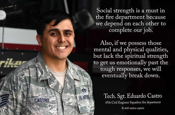 The “Airman’s Spotlight,” is a section dedicated to showcasing Laughlin’s Airmen with a prompt they answer candidly. The Airman’s Spotlight, selected at random, is open to all Airmen and civilians assigned to Laughlin. This week’s selection is Tech. Sgt. Eduardo Castro, 47th Civil Engineer Squadron fire department, B-shift station captain. He talks about balance the military and life with the comprehensive Airman wellness concept. (U.S. Air Force graphic by Airman 1st Class Anne McCready)