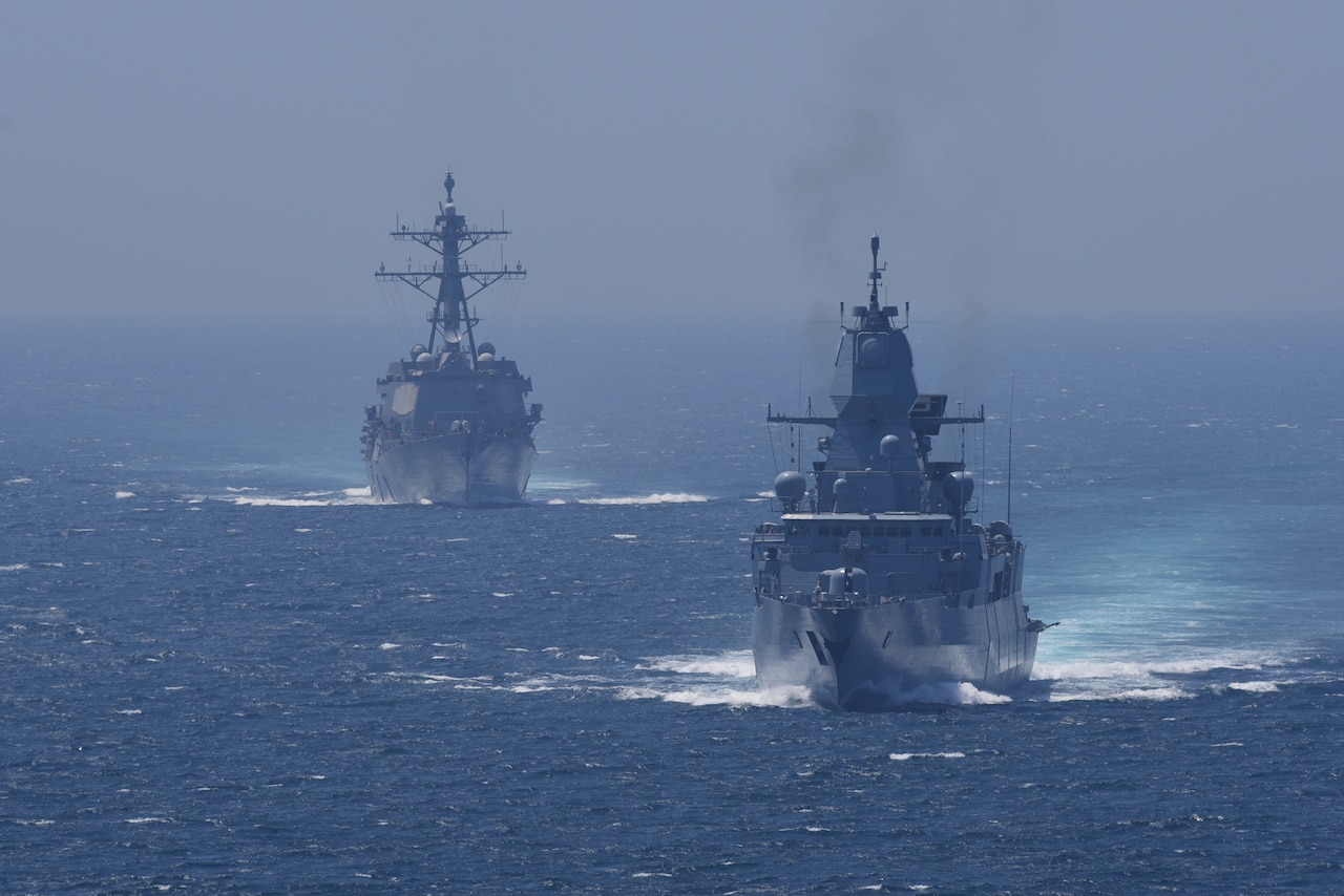 FGS Hessen, right, and USS Forrest Sherman conduct a strait transit with USS Harry S. Truman through the Strait of Gibraltar.