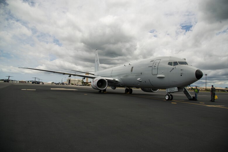 A Royal Australian Air Force P-8A Poseidon, the seventh to be delivered to Australia, arrives at Joint Base Pearl Harbor-Hickam, Hawaii, May 1, 2018. The 15th Wing supported the P-8 during its transition to 11 Squadron, RAAF Base Edinburgh, to replace the RAAF’s AP-3C Orion aircraft. (U.S. Air Force photo by Tech. Sgt. Heather Redman)
